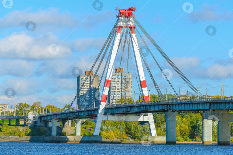 Скачать Фрагмент вантового моста в выборочном фокусе через русло реки Шексна с городом Череповец на заднем плане. фотосток Ozero