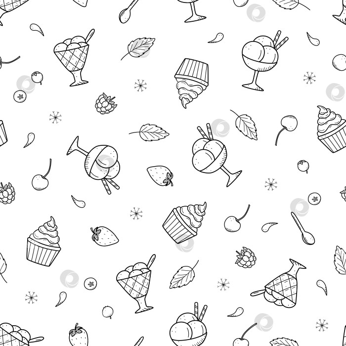 Скачать Мороженое в креманках и корзиночках с летними ягодами. Бесшовный узор в стиле летних десертных каракулей. Фоновая векторная иллюстрация обоев. фотосток Ozero