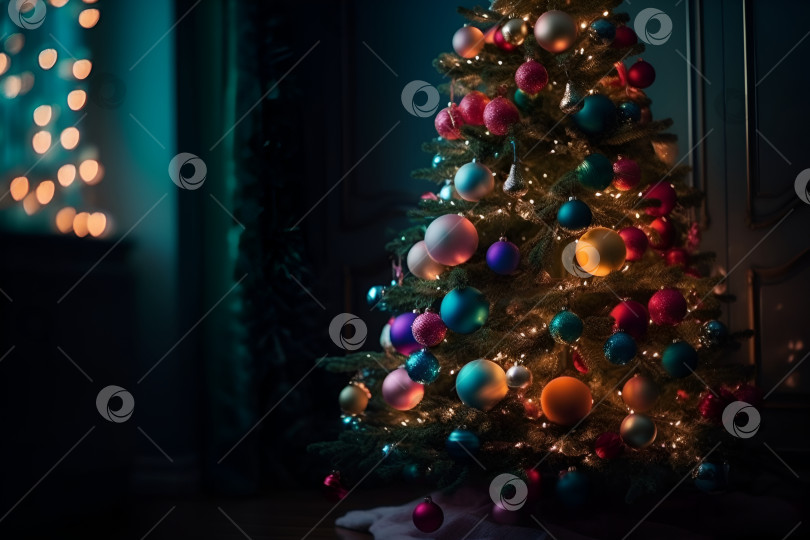Скачать Рождественская елка, украшенная шарами и гирляндой в современной гостиной. Генеративный искусственный интеллект. фотосток Ozero