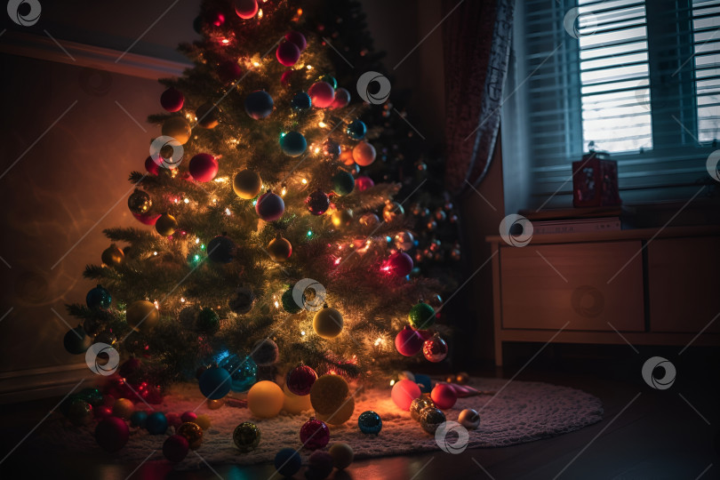 Скачать Современная рождественская елка, украшенная шарами и гирляндой в гостиной дома. Генеративный искусственный интеллект. фотосток Ozero