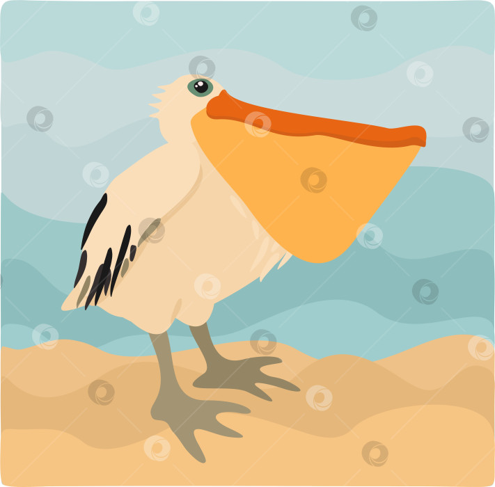 Скачать Векторное изображение пеликана, стоящего на песке у моря фотосток Ozero