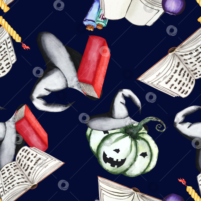 Скачать Композиции из тыкв, шляп, книг, свечей и зелий. Акварельная иллюстрация бесшовного узора для Хэллоуина на темном фоне. Праздничный декор. Ручной рисунок для вашего дизайна фотосток Ozero
