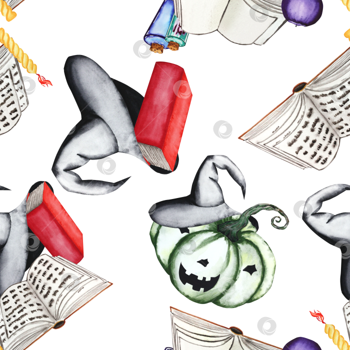 Скачать Композиции из тыкв, шляп, книг, свечей и зелий. Акварельная иллюстрация бесшовного узора Хэллоуина на прозрачном фоне. Праздничный декор. Нарисованный от руки для вашего дизайна фотосток Ozero