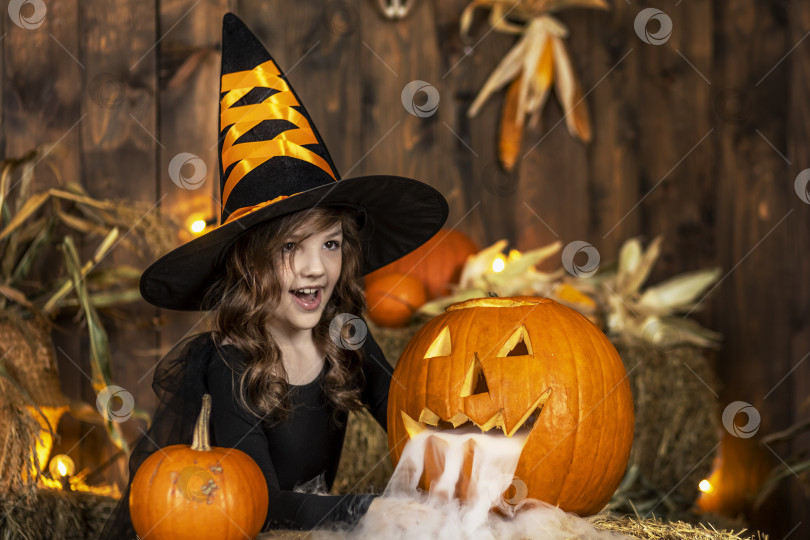 Скачать Милая маленькая девочка-ведьма позирует в декорациях Хэллоуина. Вечеринка в честь Хэллоуина. фотосток Ozero