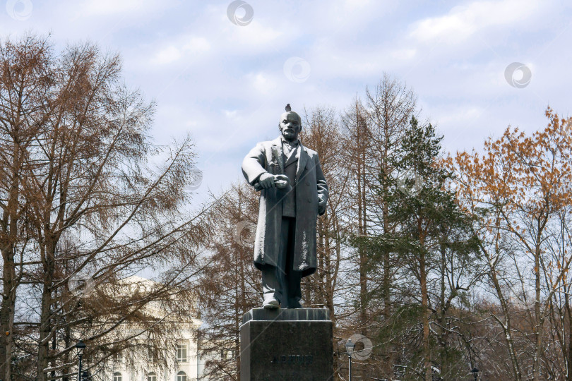 Скачать заснеженный памятник Владимиру Ленину с голубем на голове в фотосток Ozero