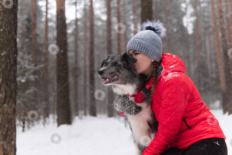 Скачать молодая женщина целует свою собаку в зимнем парке фотосток Ozero
