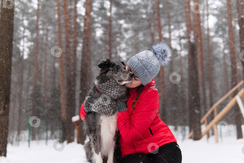 Скачать молодая женщина гуляет со своей собакой в зимнем парке фотосток Ozero