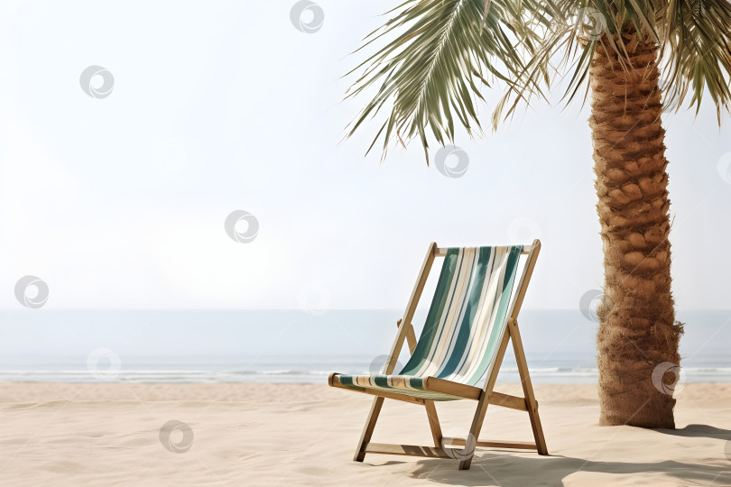 Скачать Складной шезлонг в винтажном стиле и пальма с зелеными листьями на тропическом пляже. фотосток Ozero