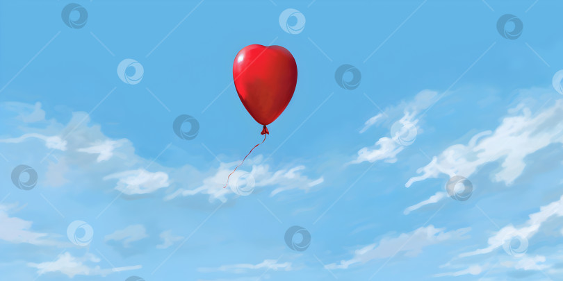 Скачать Ярко-красный воздушный шар в форме сердца поднимается в голубое небо с белыми облаками. Иллюстрация с романтическим настроением ко Дню Святого Валентина. фотосток Ozero
