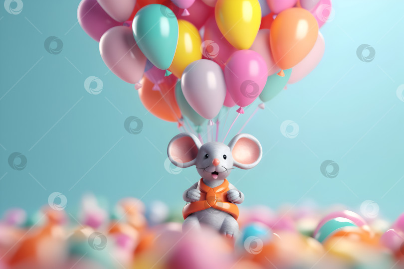 Скачать Симпатичная игрушечная мышка с кучей разноцветных воздушных шаров на светлом фоне. фотосток Ozero