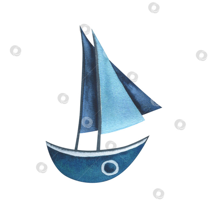 Скачать Красивая голубая лодка с парусами. Нарисованная от руки акварельная иллюстрация в детском стиле. Изолированный объект на белом фоне. фотосток Ozero