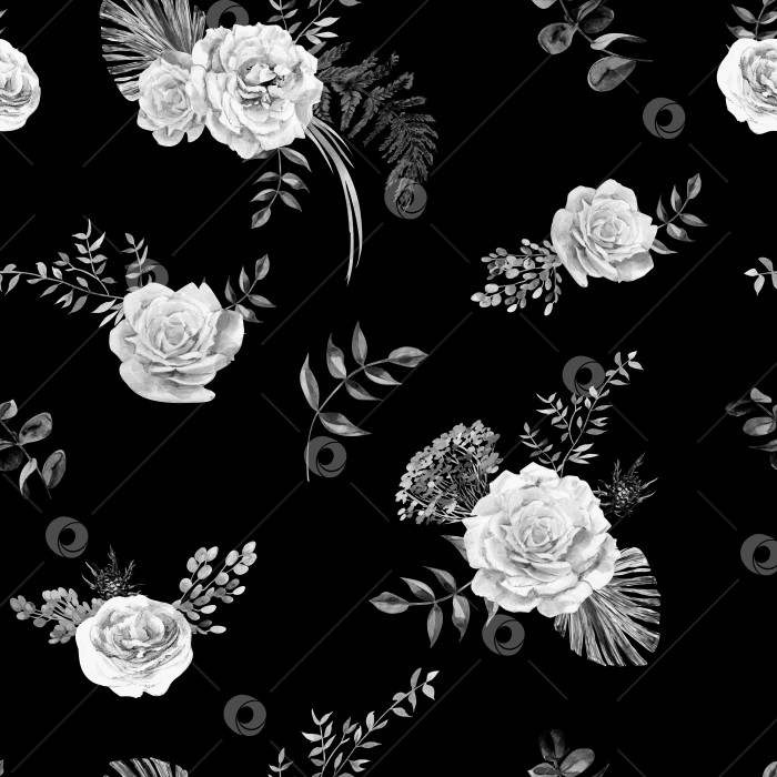 Скачать Чёрно белый бесшовный паттерн с нежными акварельными розами на чёрном фоне фотосток Ozero