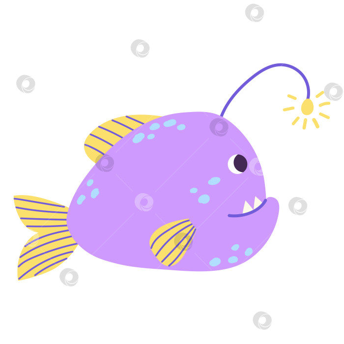 Скачать Изолированная мультяшная желто-фиолетовая морская рыба-удильщик с синими каплями в плоском стиле, нарисованном от руки на белом фоне. фотосток Ozero