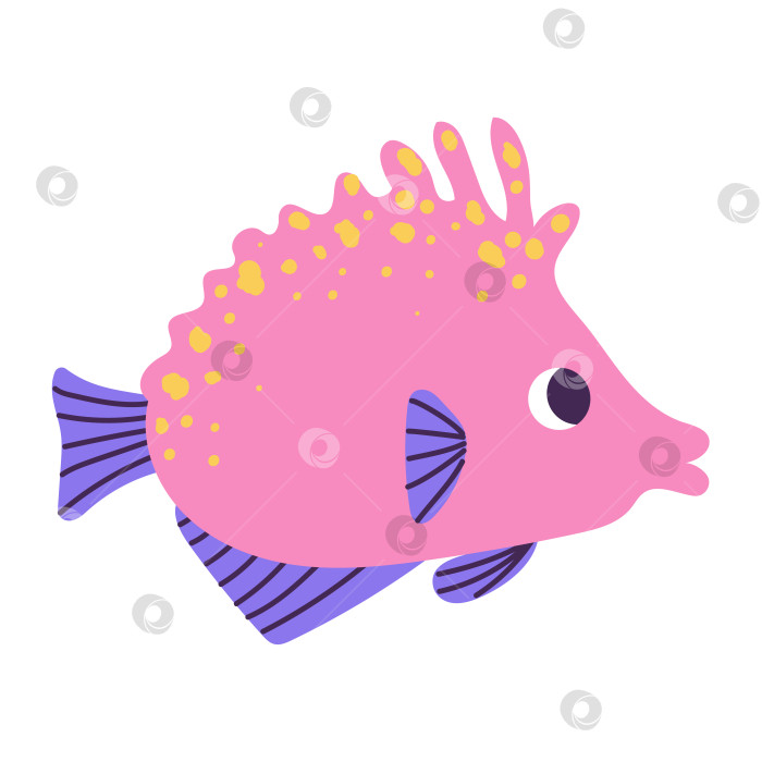 Скачать Изолированная мультяшная розово-фиолетовая морская рыба с желтыми пятнами, нарисованная от руки в плоском стиле на белом фоне. фотосток Ozero