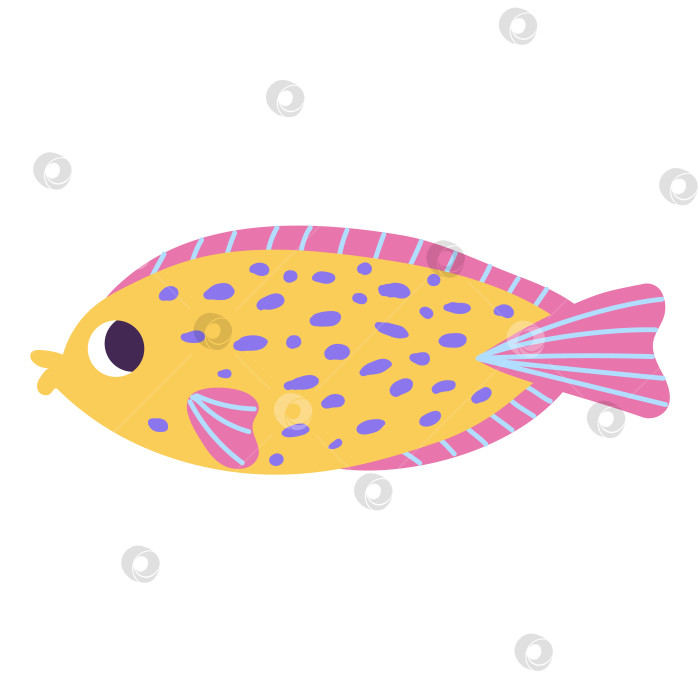 Скачать Изолированная мультяшная желто-розовая морская рыбка с пятнами, нарисованными от руки в плоском стиле на белом фоне. фотосток Ozero