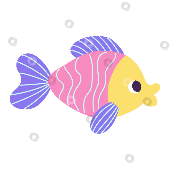 Скачать Изолированная мультяшная желто-фиолетово-розовая морская рыба с линиями, нарисованными от руки в плоском стиле, на белом фоне. фотосток Ozero