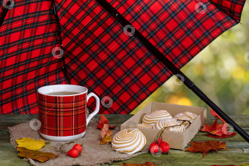 Скачать Чай с зефиром на старом столе под клетчатым зонтиком. фотосток Ozero