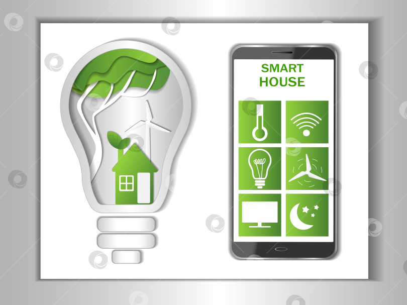 Скачать Концепция умного экологичного дома, смартфон с приложением дистанционного управления. Концепция зеленого дома, зеленая энергия, эко-дом, зеленый город, концепция вторичной переработки, чистый дом фотосток Ozero