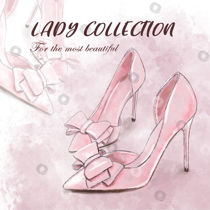 Скачать Открытка с флеш-иллюстрацией в акварельном стиле розовых женских туфель с бантом на высоком каблуке фотосток Ozero