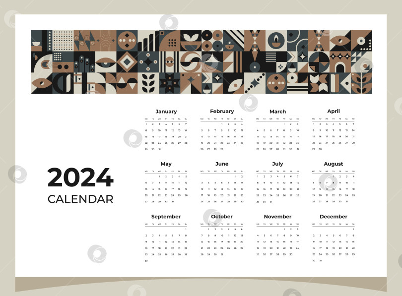 Скачать Календарь на 2024 год с геометрическими узорами. Шаблон календаря на 2024 год с геометрическими фигурами. фотосток Ozero