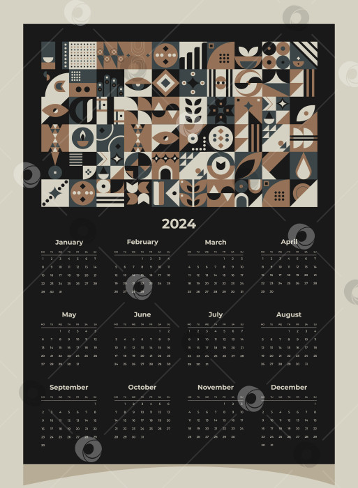 Скачать Календарь на 2024 год с геометрическими узорами. Шаблон календаря на 2024 год с геометрическими фигурами. фотосток Ozero