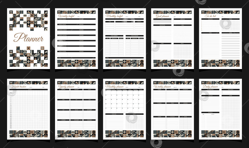 Скачать Планировщики задают геометрию. Ежедневно, еженедельно, ежемесячно, ежегодно, отслеживание привычек, список дел, цель, ежемесячный план действий, еженедельный план действий и обложка.  Планировщики печатают шаблон с геометрическими фигурами. Пустая белая страница блокнота формата А4. Векторная иллюстрация. фотосток Ozero