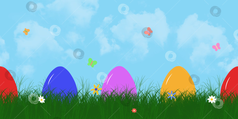 Скачать Пасха. Бесшовный узор с крашеными яйцами. Пять разноцветных яиц в траве с цветами и бабочками. Декоративная кайма фотосток Ozero