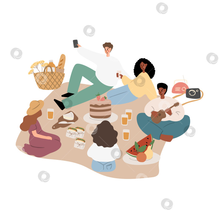 Скачать Иллюстрация летнего пикника, люди, пары, друзья и родственники фотосток Ozero