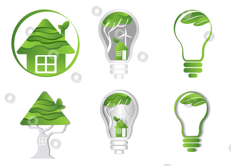 Скачать Набор иконок, символизирующих зеленую энергию, чистый дом, экологичный дом, город, концепцию эко-дома, переработку отходов, охрану природы и окружающей среды, экологичное потребление. Вектор на белом фоне фотосток Ozero