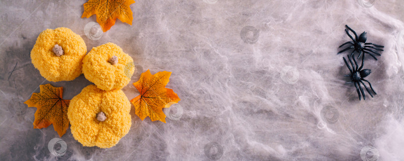 Скачать Пауки, тыквы и осенние листья на паутине для топа на Хэллоуин фотосток Ozero