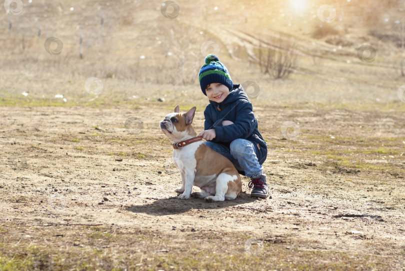 Скачать Жизненный портрет маленького мальчика, гуляющего и играющего с бульдогом фреч в солнечный весенний день в детском природном парке фотосток Ozero