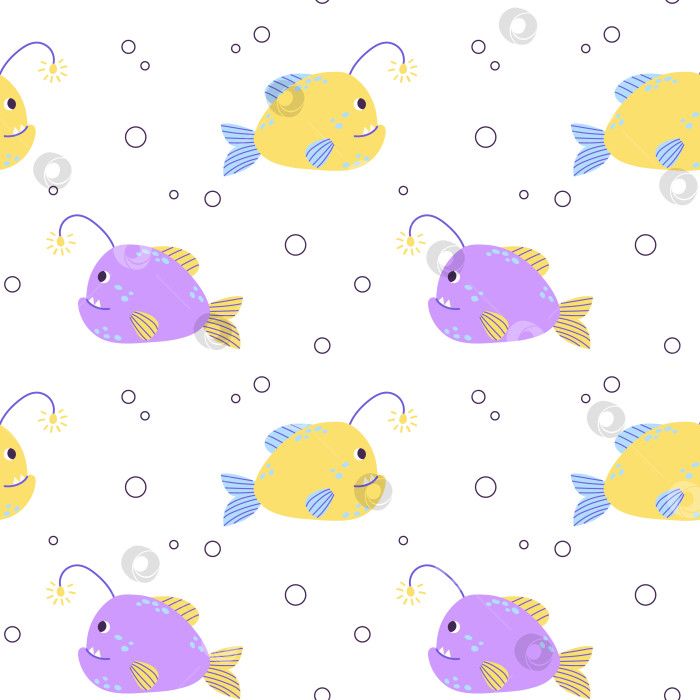 Скачать Красочный бесшовный узор с океанскими желто-фиолетовыми рыбками-удильщиками и пузырьками в плоском стиле, нарисованном от руки. Для дизайна, текстиля, фона фотосток Ozero