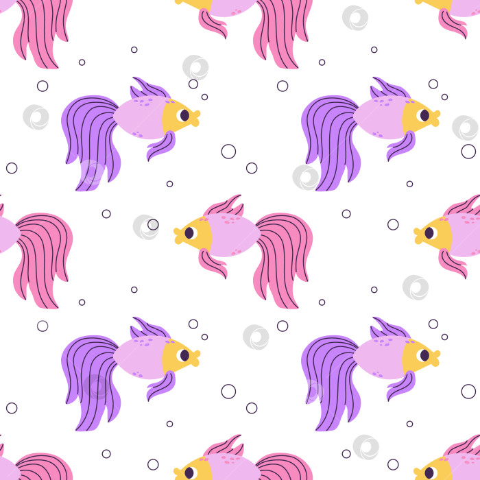 Скачать Красочный бесшовный узор с пурпурно-розовыми золотыми рыбками и пузырьками в плоском стиле, нарисованном от руки. Для дизайна, текстиля, фона фотосток Ozero