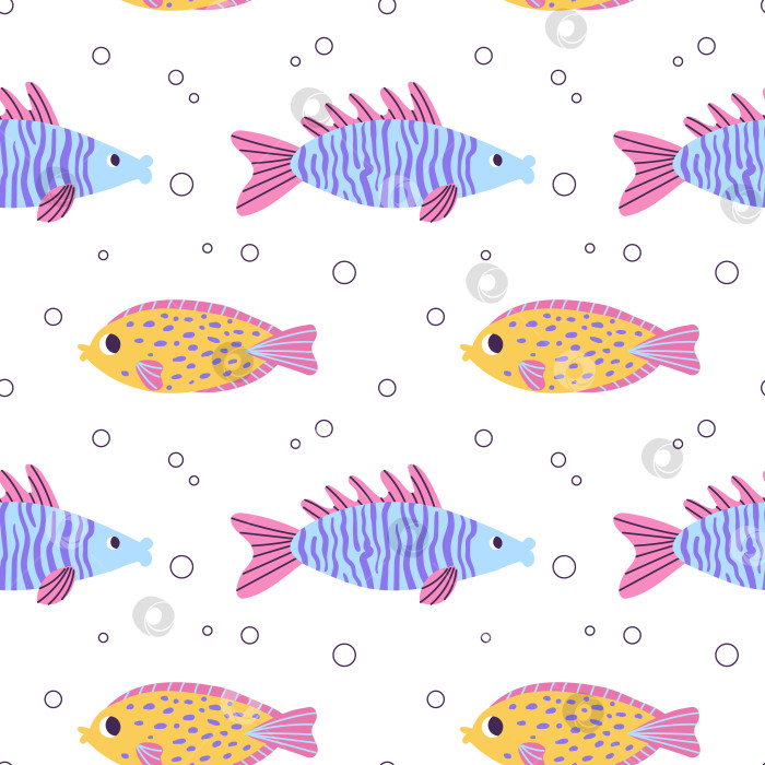 Скачать Красочный бесшовный узор с океанскими желто-голубыми рыбками и пузырьками в плоском стиле, нарисованном от руки. Для дизайна, текстиля, фона фотосток Ozero