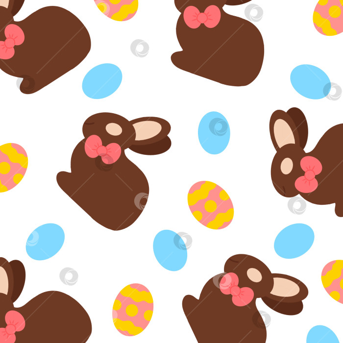 Скачать Пасхальная концепция для открытки. Милые шоколадные кролики и разноцветные пасхальные яйца на белом фоне. Шоколадные кролики с милым розовым бантом. Векторная иллюстрация. Элемент дизайна. фотосток Ozero