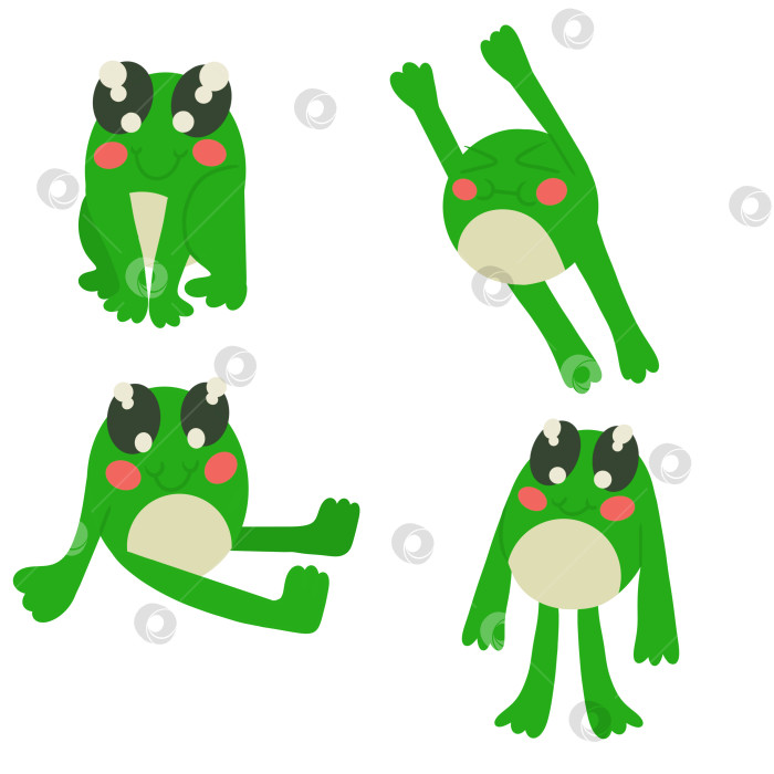 Скачать Очаровательный набор зеленых лягушек на белом фоне. Сидящая лягушка прыгает лежа и стоя. Дизайнерский элемент для оформления различных канцелярских принадлежностей, аксессуаров для одежды. Векторная иллюстрация. фотосток Ozero