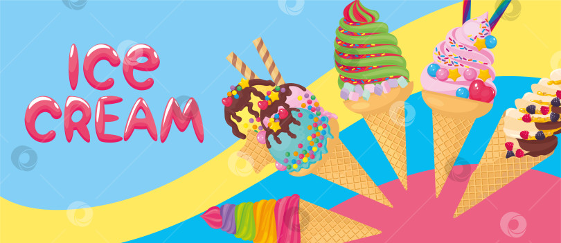 Скачать Баннер мороженого с различными видами мороженого, украшенный кондитерскими изделиями, шоколадом, сиропом. Векторная иллюстрация, фон, баннер, листовка, реклама фотосток Ozero