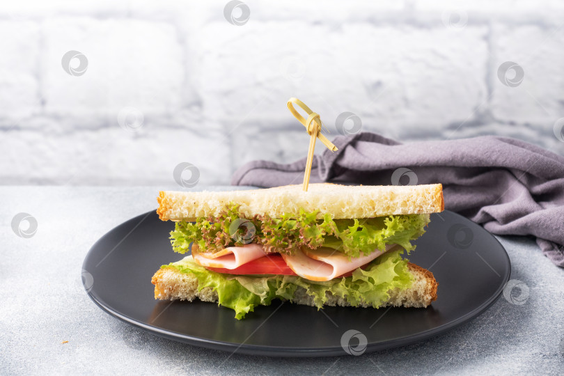 Скачать Вкусный полезный бутерброд на завтрак-перекус. Поджаренный хлеб, салат из помидоров и ветчины с листьями. Пространство для копирования фотосток Ozero