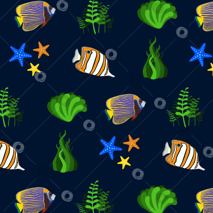 Скачать Узор с разными рыбками и морскими звездами на синем фоне фотосток Ozero