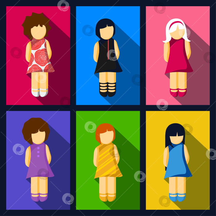 Скачать Набор плоских иконок для девочек в красочных платьях фотосток Ozero