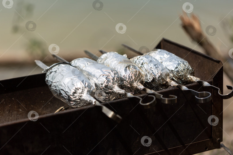 Скачать Завернутые в фольгу мясо и овощи готовятся на углях фотосток Ozero