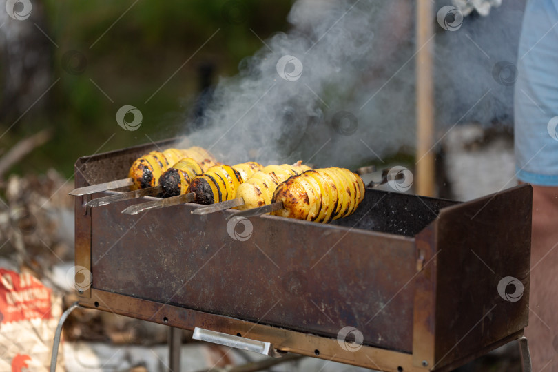 Скачать Картофель с беконом на углях. Приготовление пищи на открытом воздухе, кемпинг фотосток Ozero