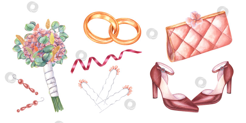 Скачать Набор свадебных аксессуаров. Клатч, золотые кольца, жемчужные заколки для волос, серьги, букет невесты, женские кожаные туфли на высоком каблуке, атласная лента. Акварельная иллюстрация, выделенная на белом фоне фотосток Ozero