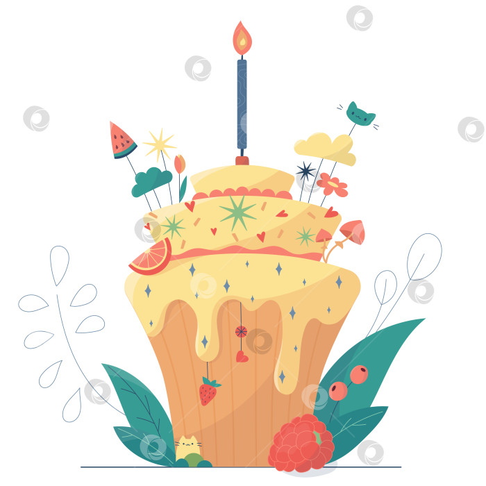 Скачать Праздничный детский трехъярусный праздничный торт на день рождения. Торт со свечой, с фруктами, ягодами и украшениями. Векторная иллюстрация, выделенная на белом фоне для оформления приветствия фотосток Ozero