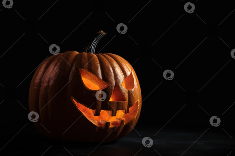 Скачать Традиционная концепция осеннего праздника Хэллоуин. Тыква с вырезанным злым лицом на Хэллоуин на темном фоне. Порождающий искусственный интеллект фотосток Ozero