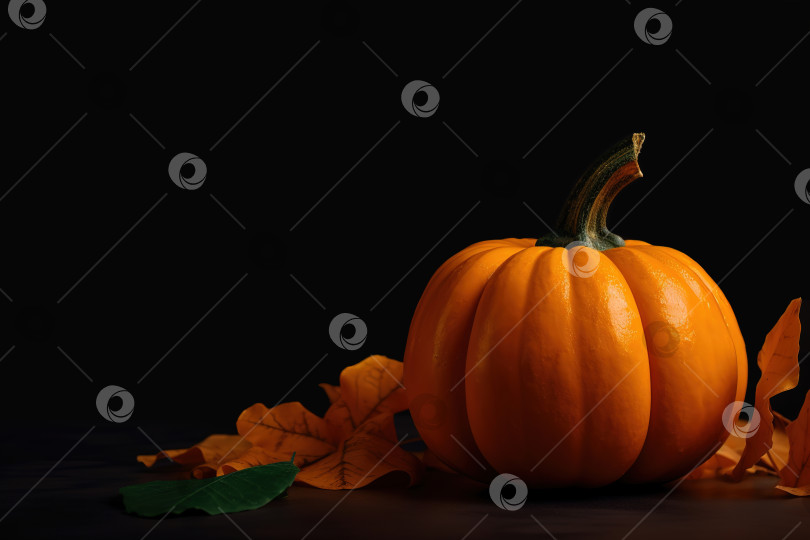 Скачать Оранжевая тыква, символ праздника Хэллоуин, и осенние листья на темном фоне с пробелом для копирования. Порождающий искусственный интеллект фотосток Ozero