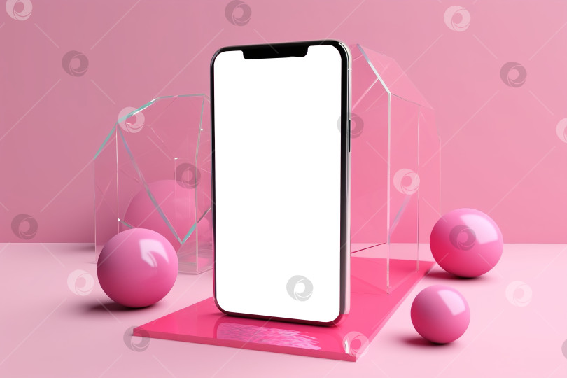 Скачать Макет мобильного телефона, смартфон с пустым белым экраном для рекламы на розовом подиуме. Порождающий искусственный интеллект фотосток Ozero