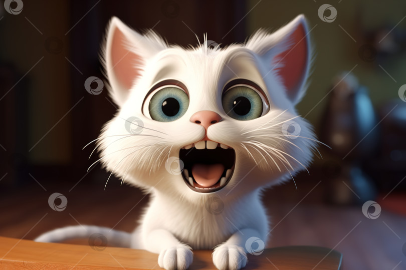 Скачать Забавный кричащий белый котенок с испуганным выражением лица сидит в помещении, шокированный милой домашней кошкой. Порождающий искусственный интеллект фотосток Ozero