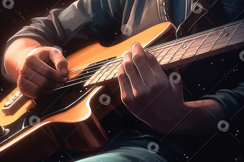 Скачать Играет на гитаре. Крупный план рук музыканта, играющего на акустической гитаре. Иллюстрация генеративного искусственного интеллекта фотосток Ozero
