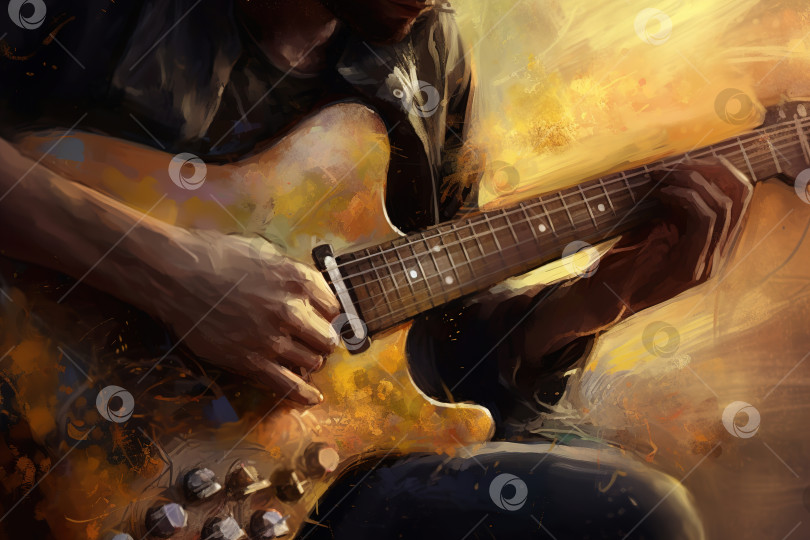 Скачать Музыка на гитаре. Крупный план рук гитариста, играющего на электрогитаре. Иллюстрация генеративного искусственного интеллекта фотосток Ozero